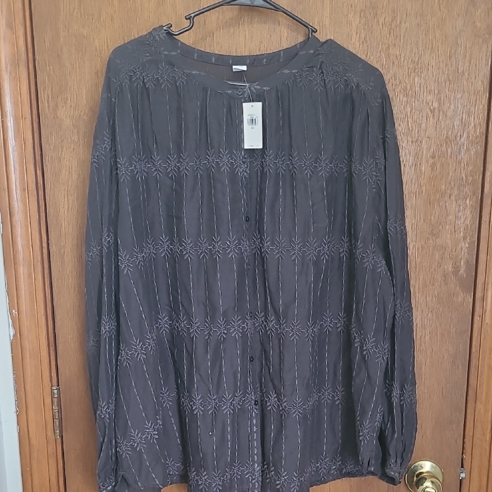 Old Navy Dark Gray Blouse Women's Plus Size XXL Embroidered Long Sleeves